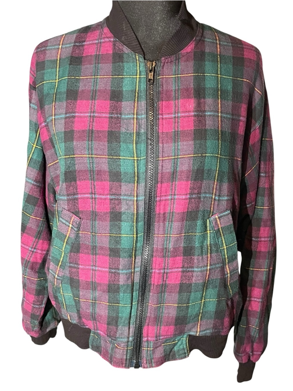 Rare Palmettos Vintage Full Zip Lined Bomber Jacket Pink & Green Plaid Size L